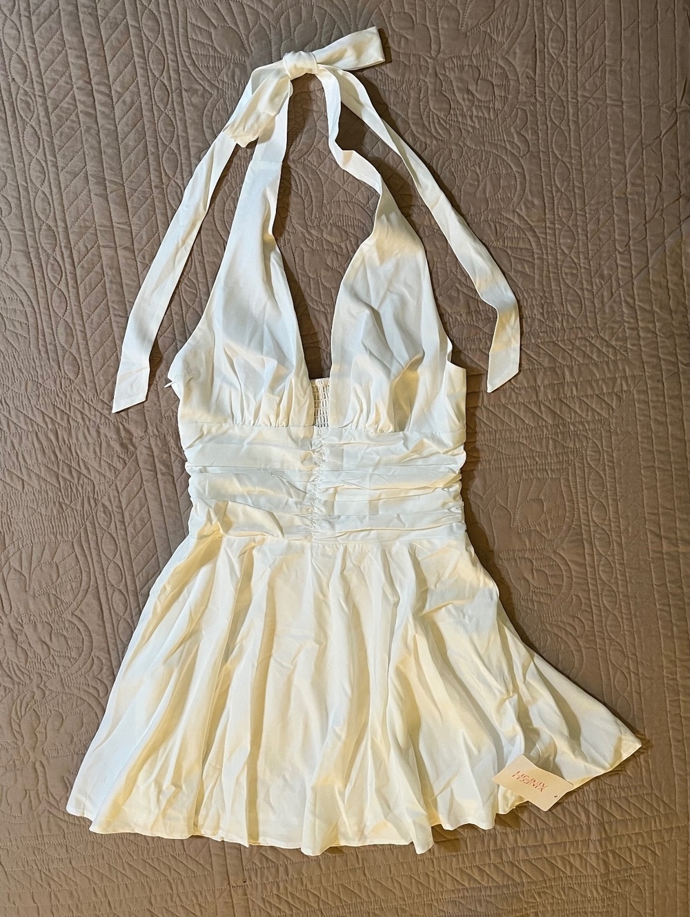 White Halter Neck Mini Dress OO-950 Ruched Waist and Flared Skirt